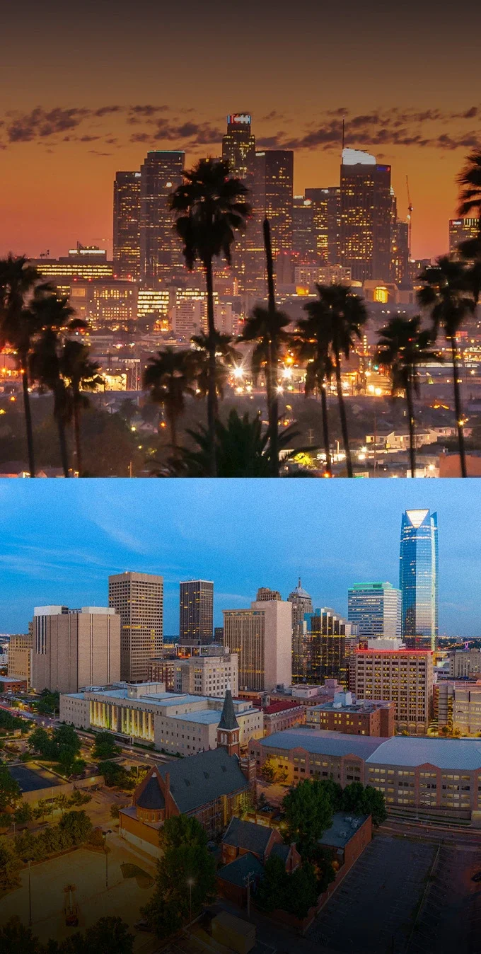 “Fotografías de los horizontes urbanos de Los Ángeles y Oklahoma City uno al lado del otro.