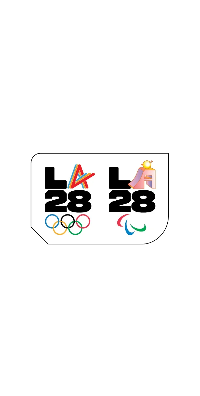 Graphic of LA28 Athlete Spirit emblem with the Olympic rings underneath next to the LA28 Determination emblem with the Paralympic agitos underneath.