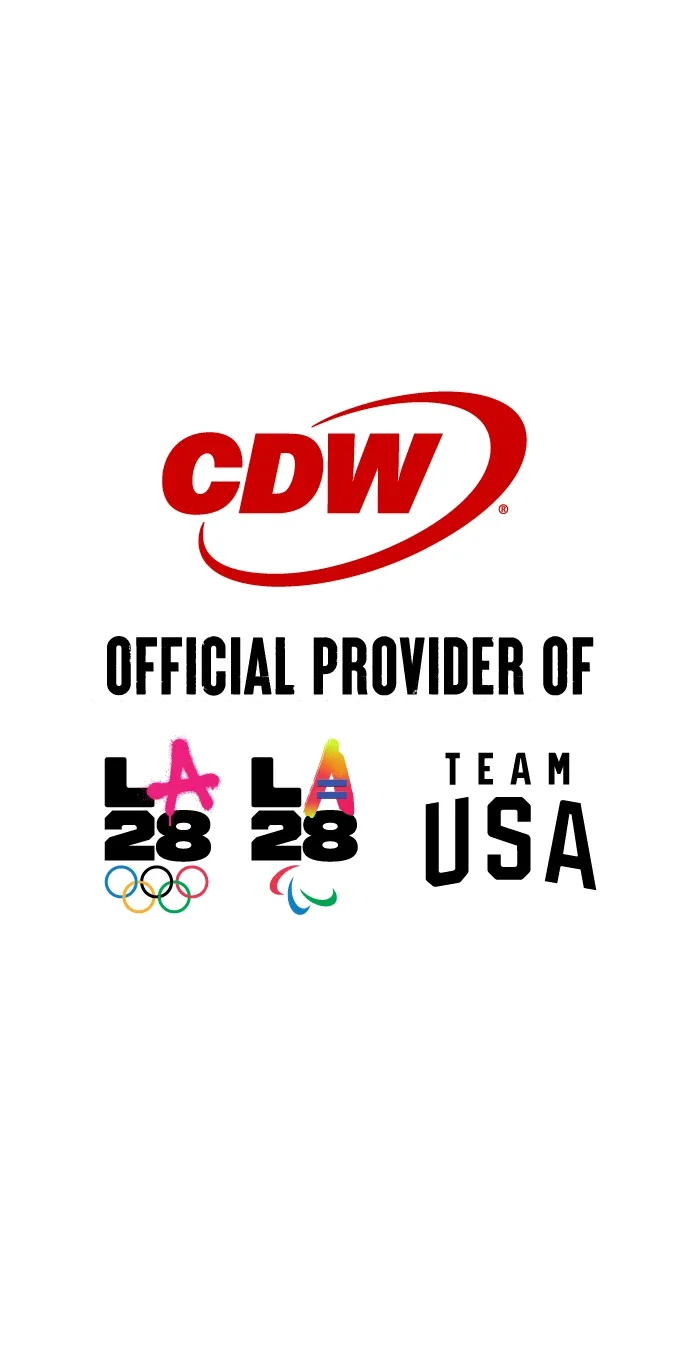 Gráfico con el logotipo de CDW en letra roja sobre las palabras "Proveedor Oficial de", seguido de los emblemas dobles de LA28 y el logotipo de Team USA