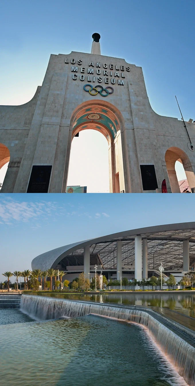  Fotografías lado a lado del Coliseo Memorial de Los Ángeles a la izquierda, con una imagen del arco del Coliseo con los anillos olímpicos y las palabras 'Coliseo Memorial de Los Ángeles' con los anillos olímpicos debajo. En el lado derecho de la imagen, hay una foto exterior del Sofi Stadium que muestra el lago en la entrada del estadio.