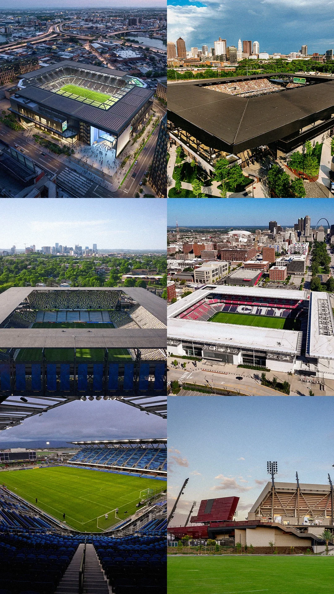 Cuadrícula de seis estadios que se utilizarán para los partidos del torneo olímpico de Fútbol de LA28. De izquierda a derecha en la fila superior, se muestran los estadios de New York, Columbus, Nashville, St. Louis, San José y San Diego.