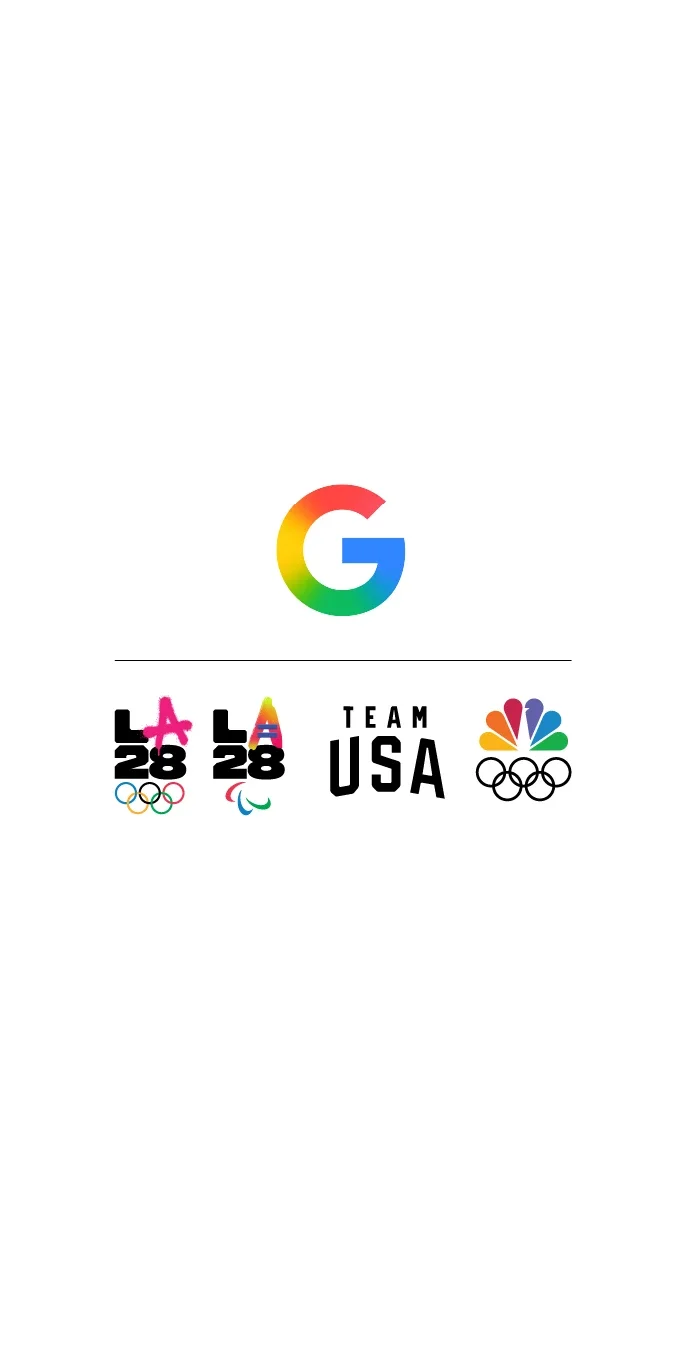 Gráfico del logotipo de Google con una línea vertical negra a su lado y los emblemas duales de LA28, el logotipo de Team USA y el logotipo de NBCUniversal con los anillos olímpicos en negro debajo.