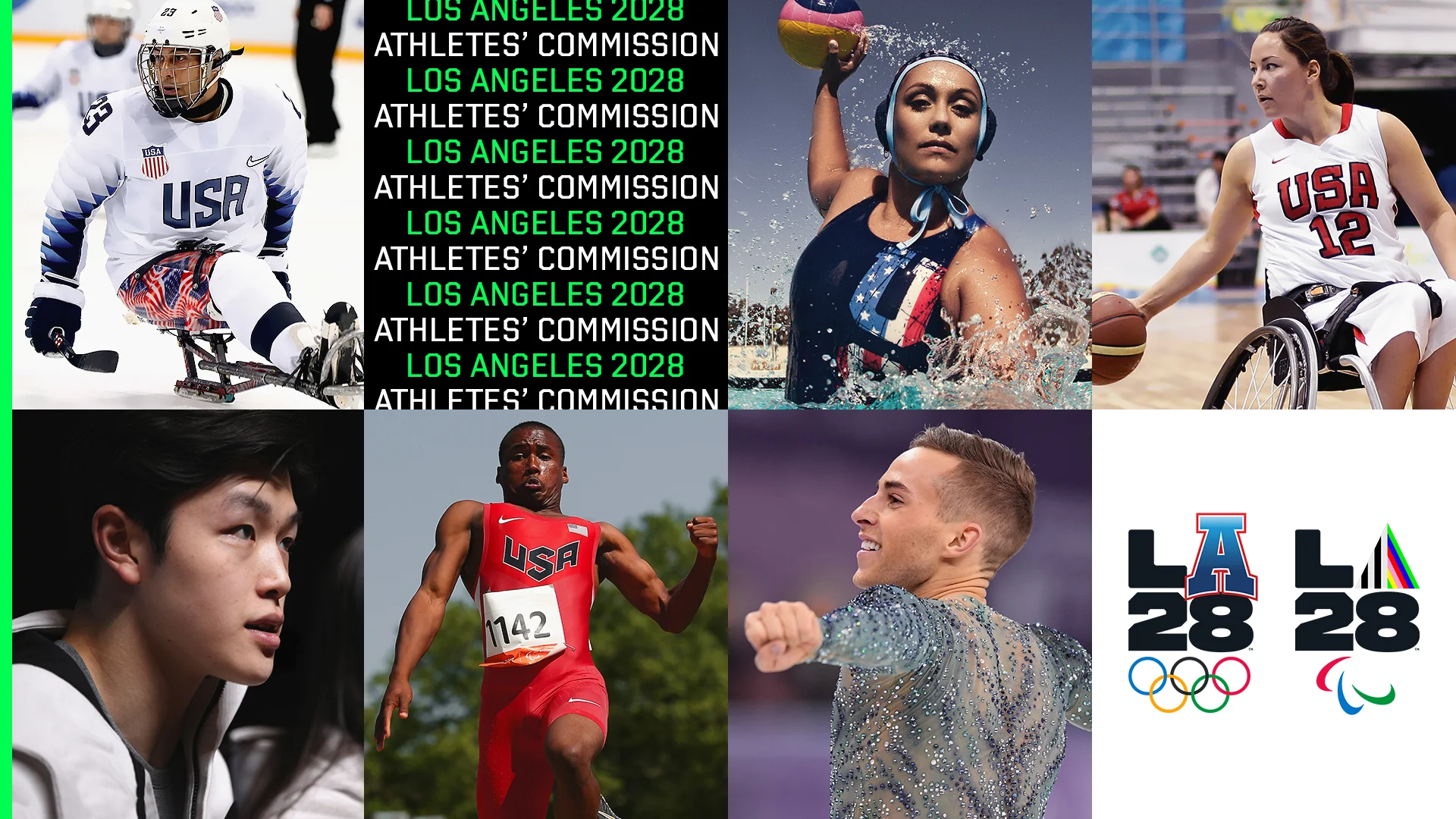 Photo graphic featuring a selection of athletes on the LA28 Athletes Commission playing their various sports