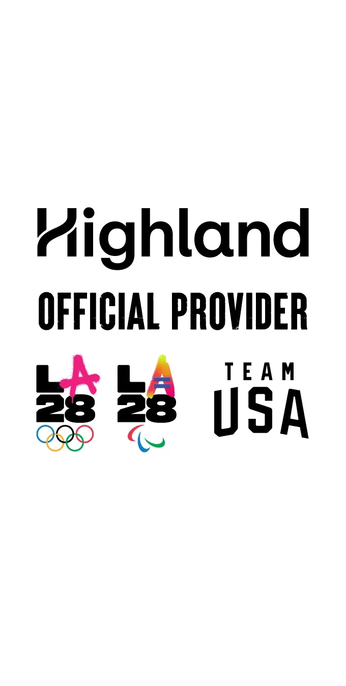 Gráfico del logo de Highland Electric Fleets en fuente negra sobre las palabras "Proveedor Oficial" encima de los emblemas duales de LA28 y el logo de Team USA.