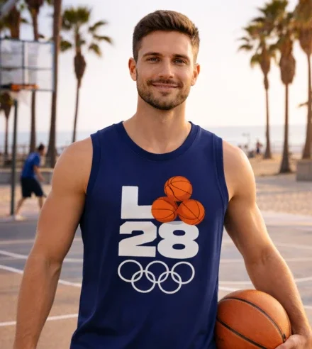 Hombre de cabello castaño que lleva una camiseta azul marino de baloncesto LA28 mientras sostiene un balón de baloncesto, con la cancha de Venice Beach al fondo.