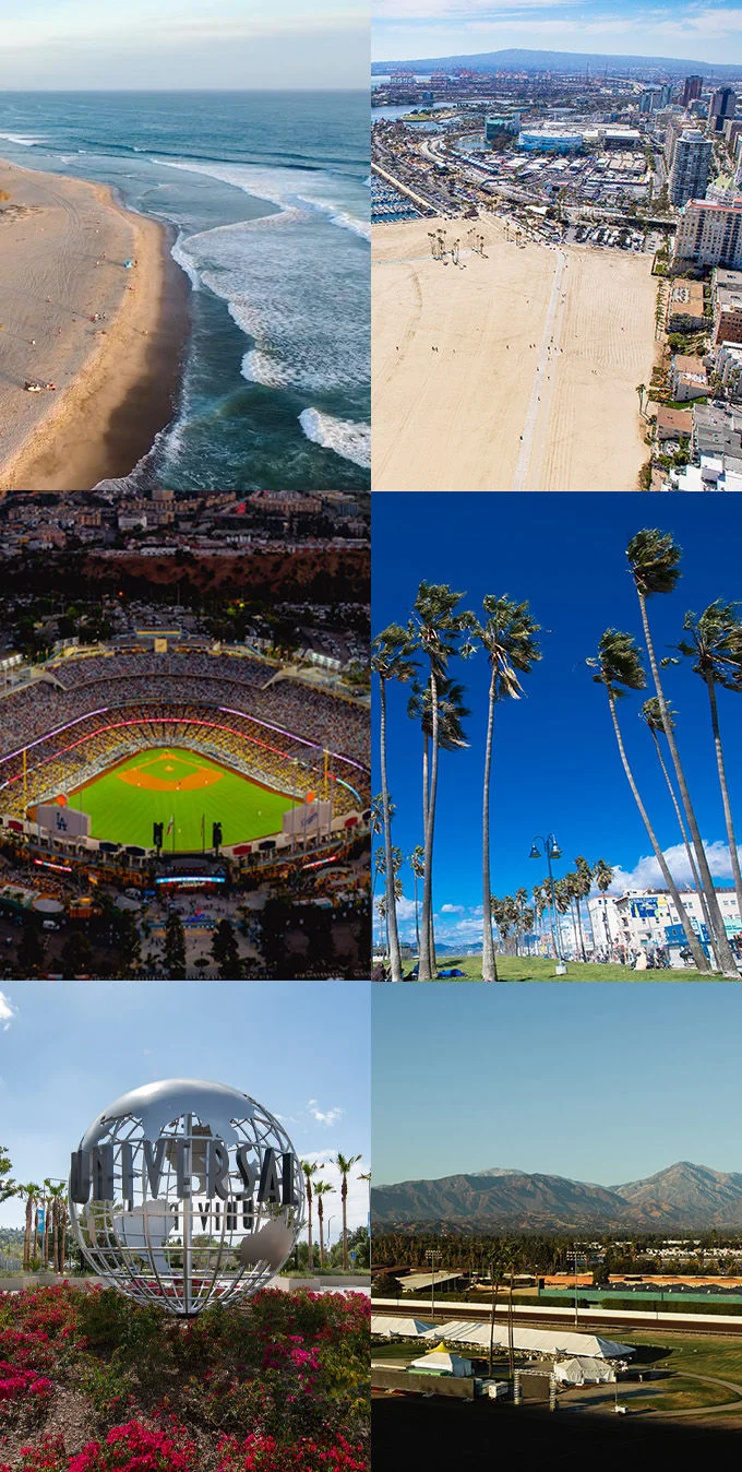 Un collage de seis sedes del sur de California presentadas en la actualización de sedes de los Juegos Olímpicos y Paralímpicos LA28. De arriba a la izquierda hacia abajo a la derecha: un tramo pintoresco de la playa Trestles con olas rompiendo en la orilla; el globo de Universal Studios rodeado de flores y palmeras; una vista aérea de la playa Alamitos en Long Beach con arenas doradas y una marina; altas palmeras bordeando la playa de Venice bajo un cielo azul brillante; Dodger Stadium lleno y iluminado durante un partido nocturno; y los Fairgrounds en Pomona con carpas y pistas de carreras enmarcadas por las montañas de San Gabriel.