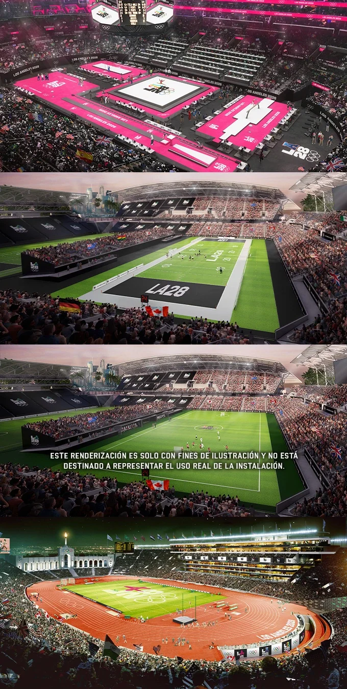 Ilustraciones de cuatro estadios que se utilizarán para los Juegos de LA28