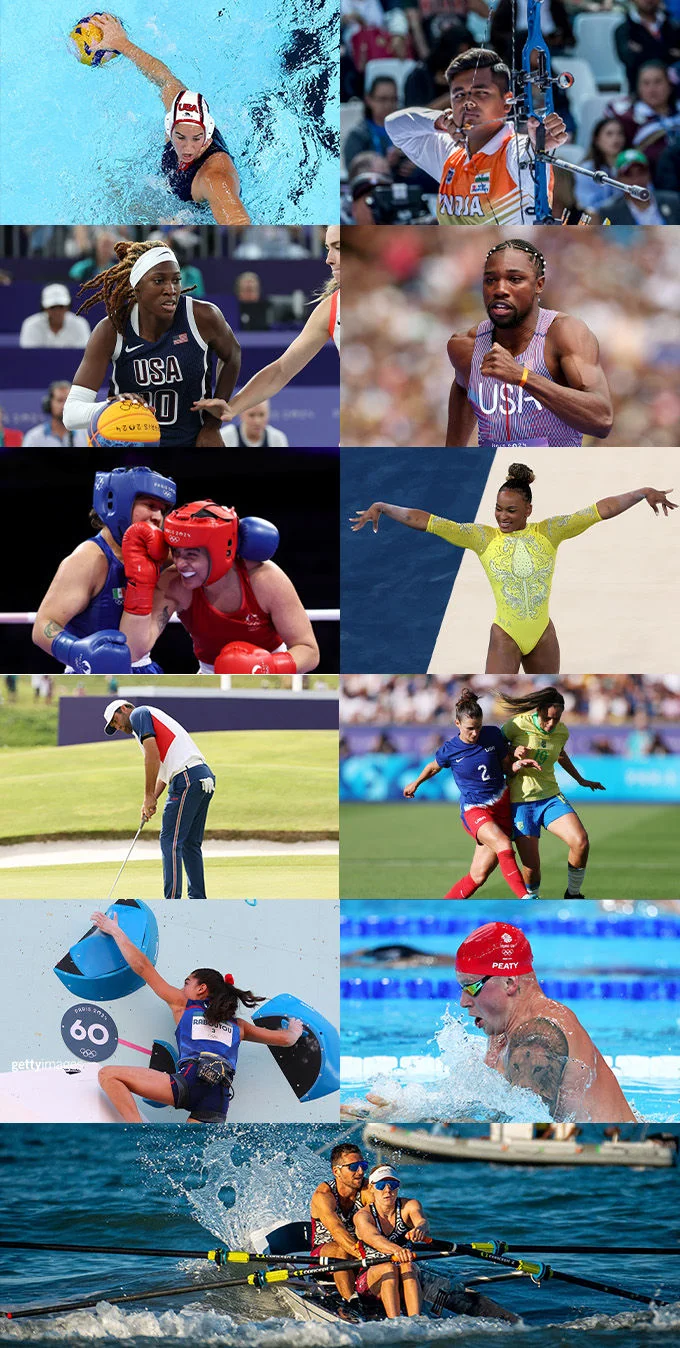 Imagen de collage que muestra a atletas practicando diferentes deportes, como waterpolo, tiro con arco, baloncesto 3x3, atletismo, escalada deportiva, golf, gimnasia artística, boxeo, fútbol, natación y remo costero