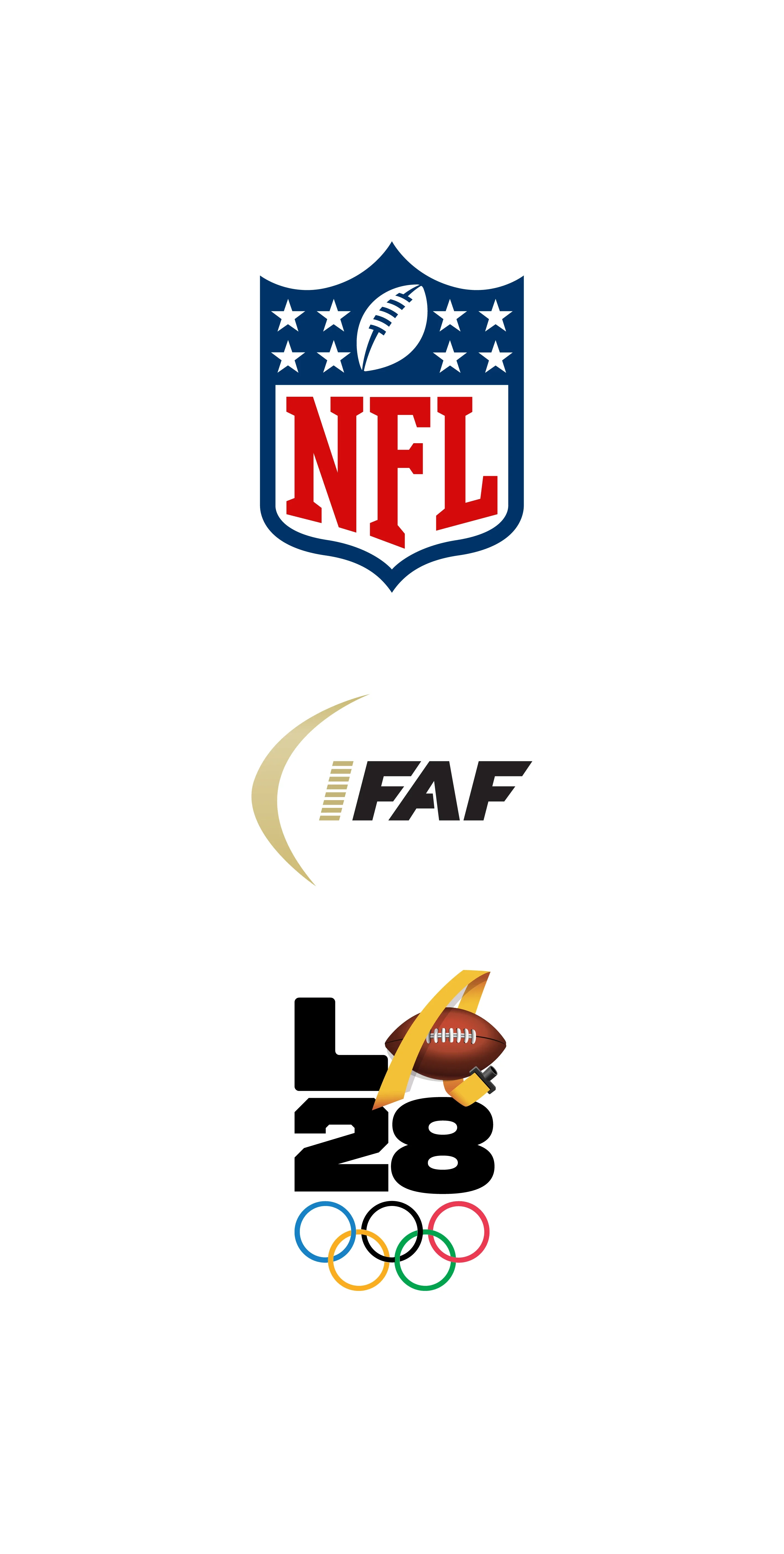 Gráfico del logo de la NFL junto al logo de la Federación Internacional de Fútbol Americano y el emblema de LA28 de la NFL.