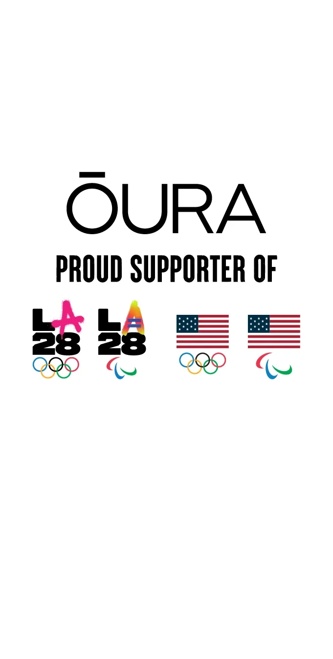 Gráfico del logotipo de ŌURA en tipografía negra, colocado sobre las palabras “Proud Supporter of” (Orgulloso Patrocinador de) y encima de los Emblemas Dobles de LA28 y el logotipo de Team USA.