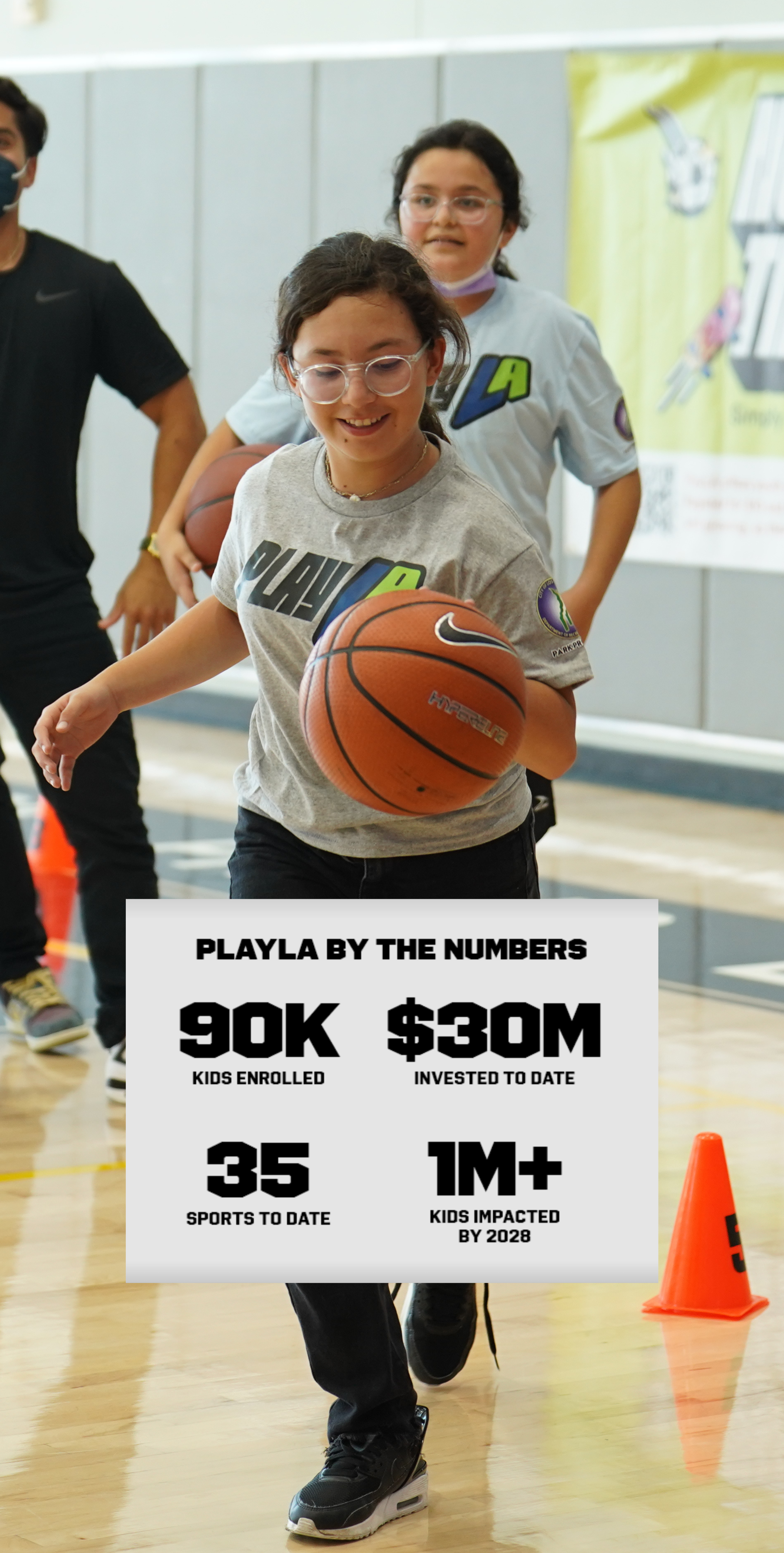 Infografía demostrando datos numéricos de PlayLA y a una niña rebotando un balón de baloncesto