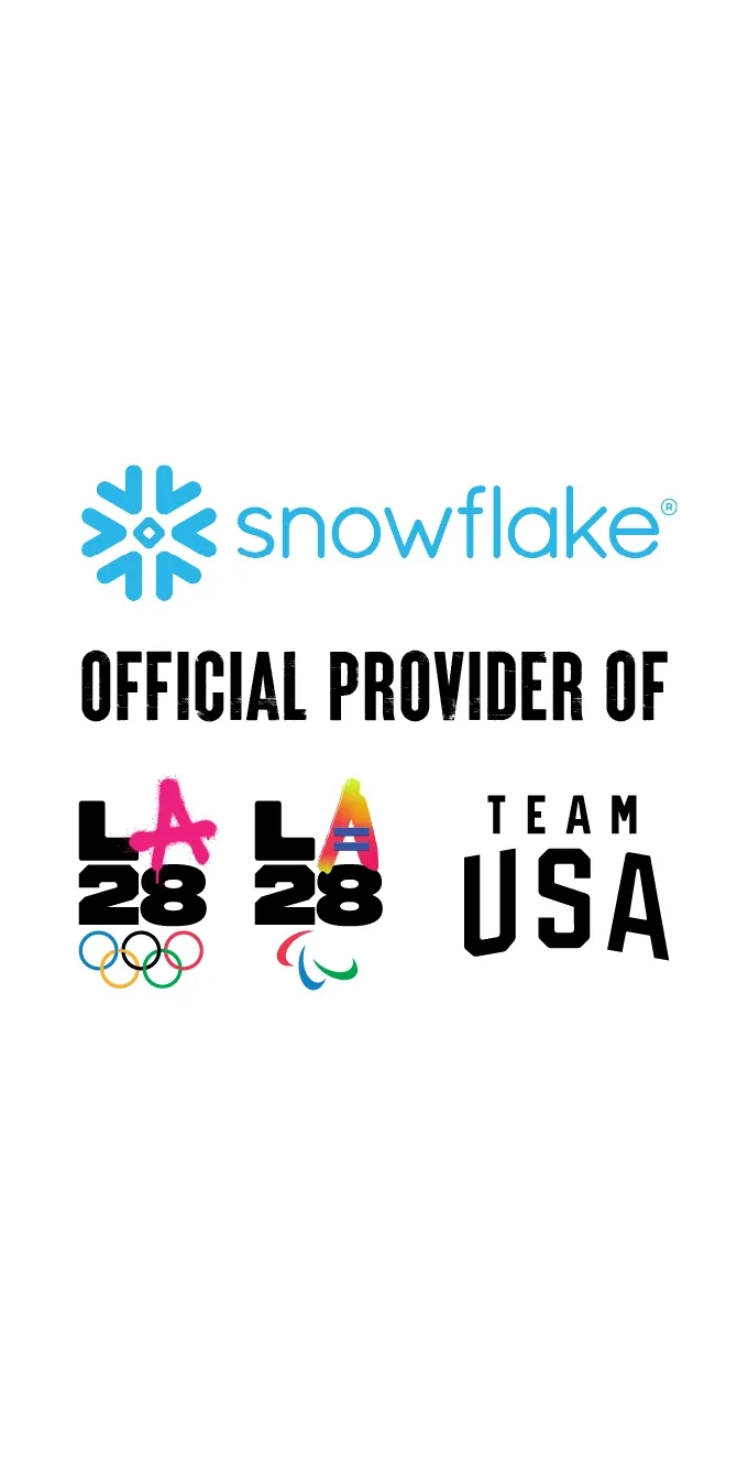 Gráfico con fondo blanco que muestra el logotipo de Snowflake sobre las palabras “Proveedor Oficial de”, encima de los emblemas de los Juegos Olímpicos y Paralímpicos de LA28, junto al logotipo de Team USA