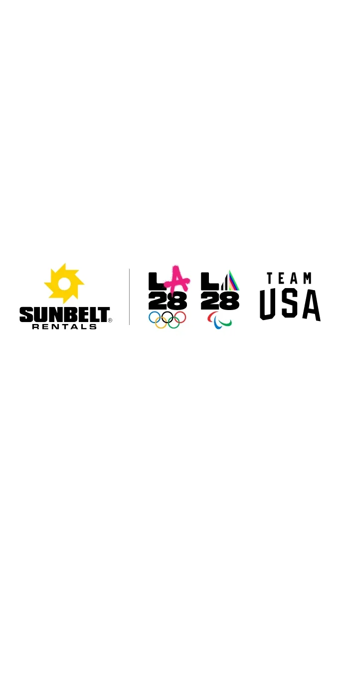 Gráfico del logotipo de Sunbelt Rentals junto al emblema dual de LA28 y el logotipo azul marino de Team USA