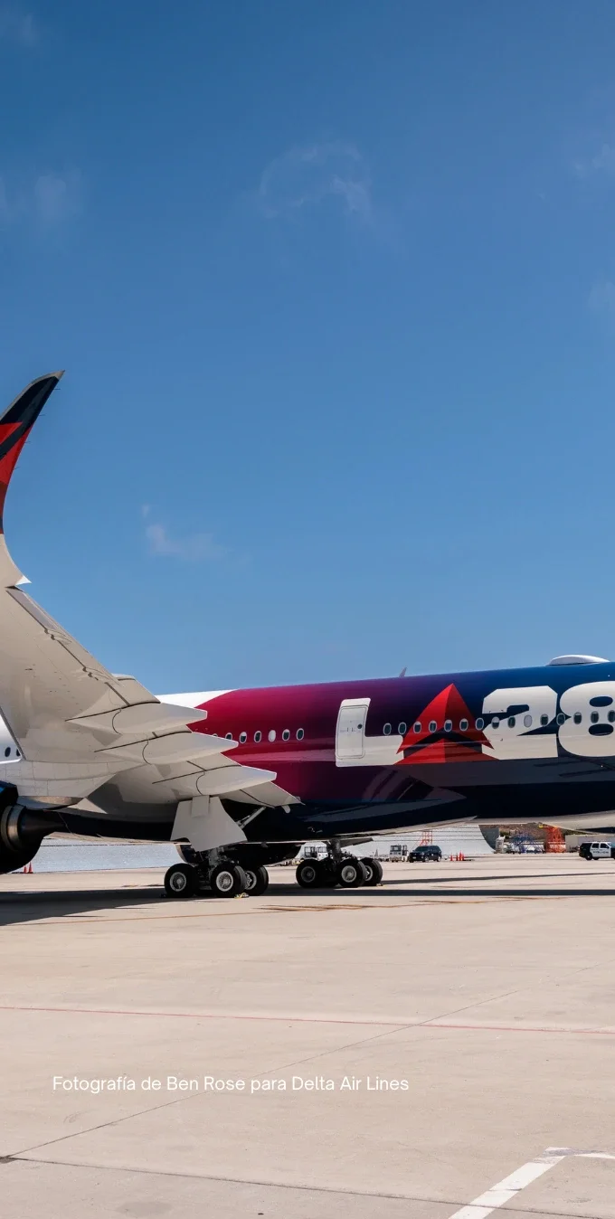 Avión de Delta con la marca LA28 en primer plano, con el logotipo de LA28 Delta visible. La pista aparece en la parte inferior de la foto y el cielo azul se ve al fondo, mientras atletas y otras personas caminan a los lados de la pista. 