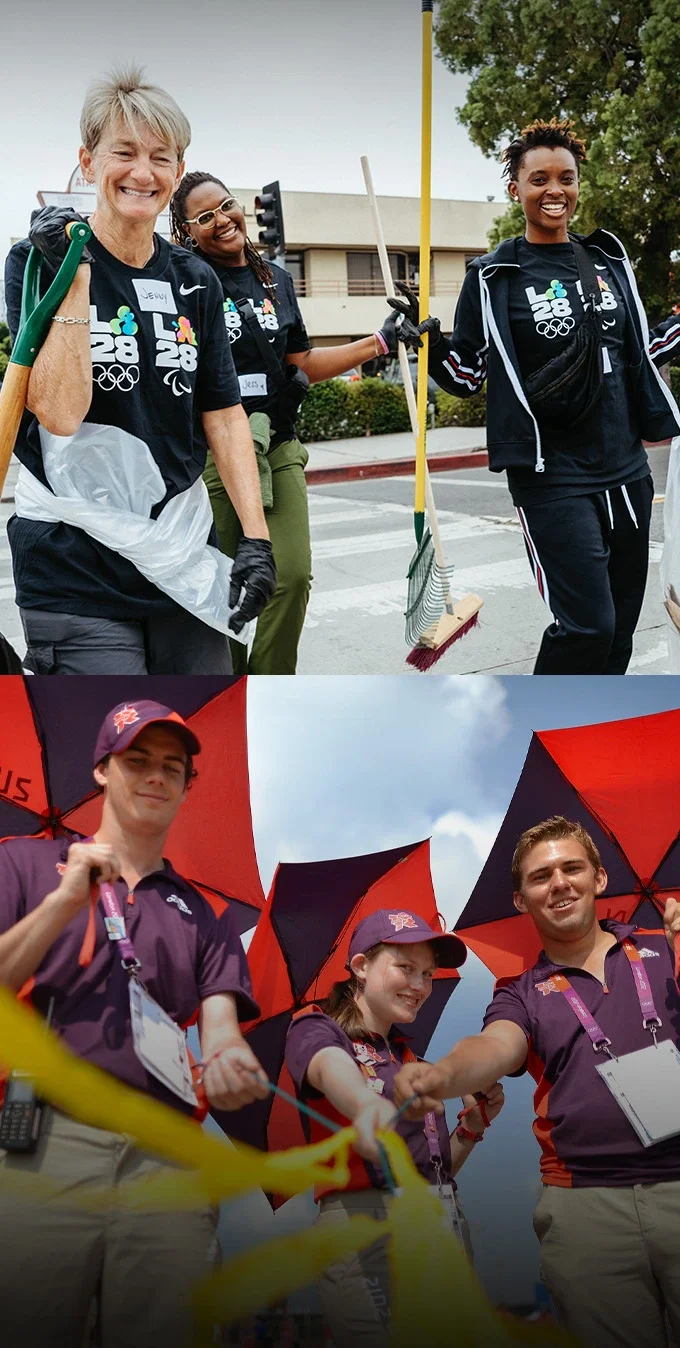 Fotografías lado a lado de grupos de voluntarios, incluyendo un grupo que lleva ropa del Programa de Voluntariado LA28