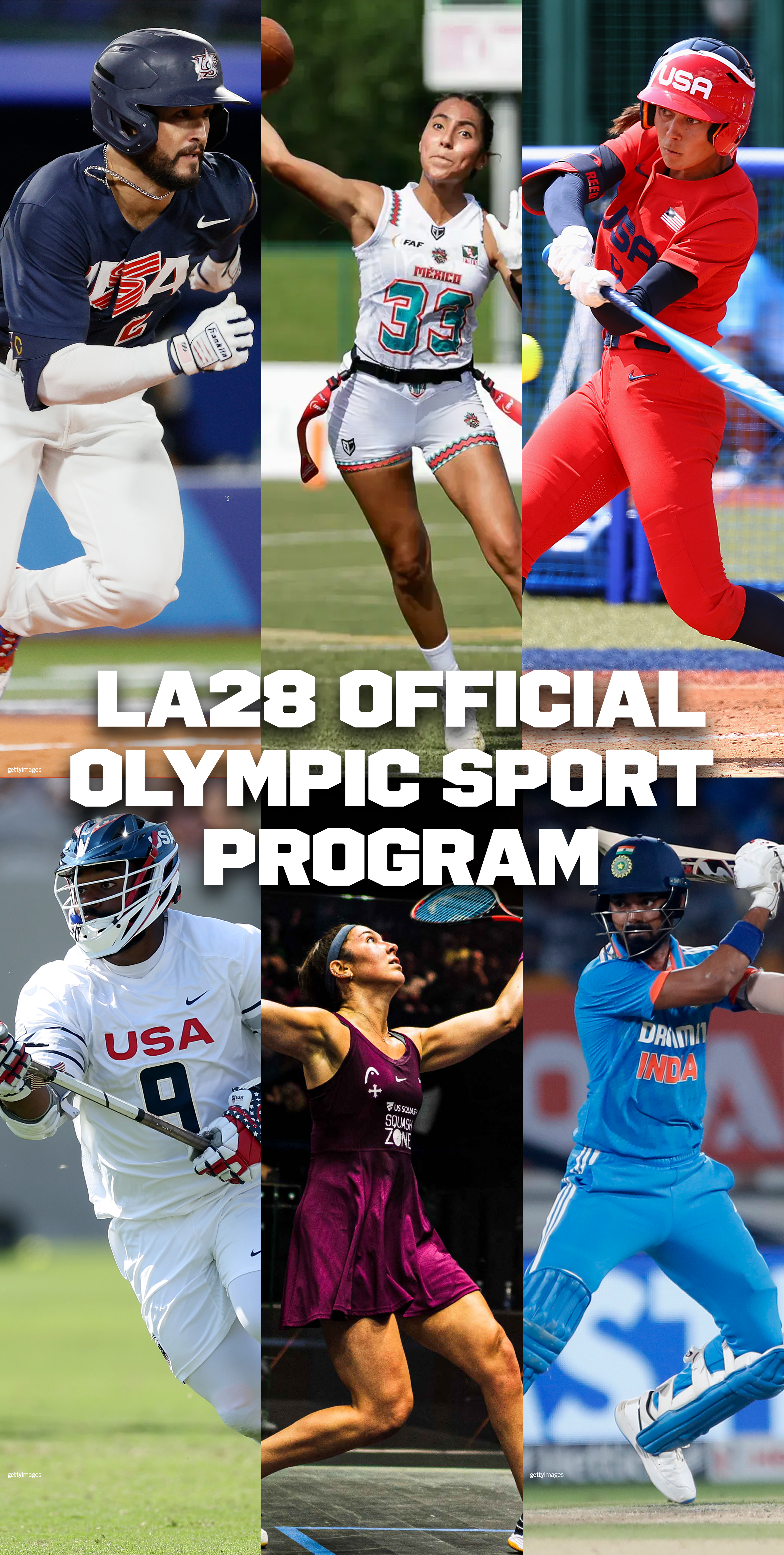 Image of the LA28 Olympic Sports Line Up showcasing people playing baseball,softball,cricket,flag football,lacrosse and squash